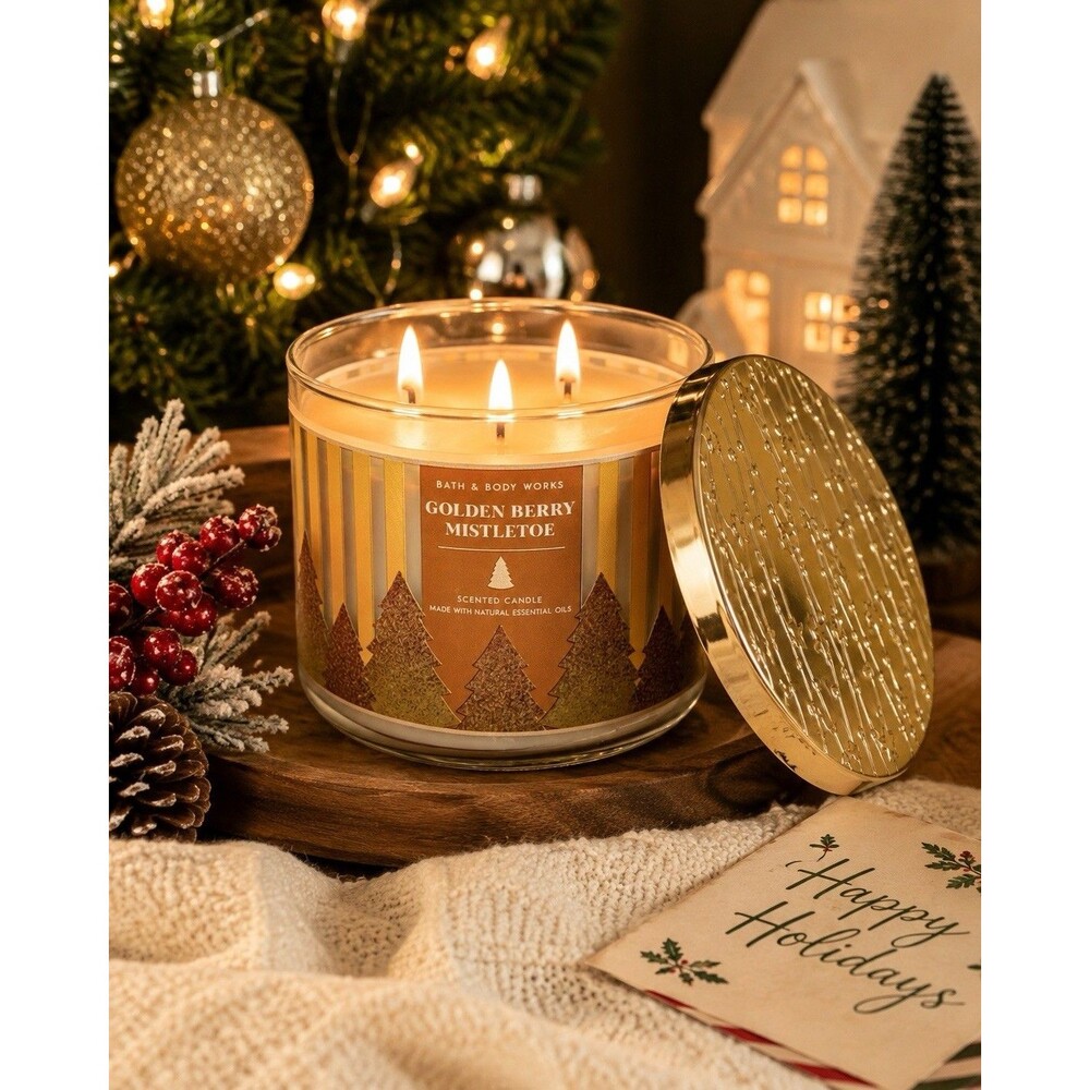 Bath Body Works Golden Berry Mistletoe Candle 3 Wick 14.5 oz Discontinued NEW - Picture 2 of 5